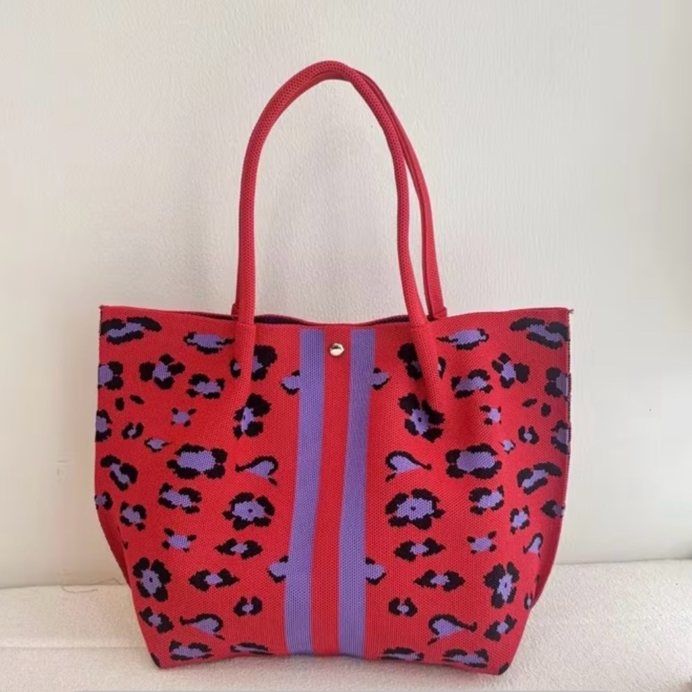 Red Leopard Print Tote Bag with Striped Detail